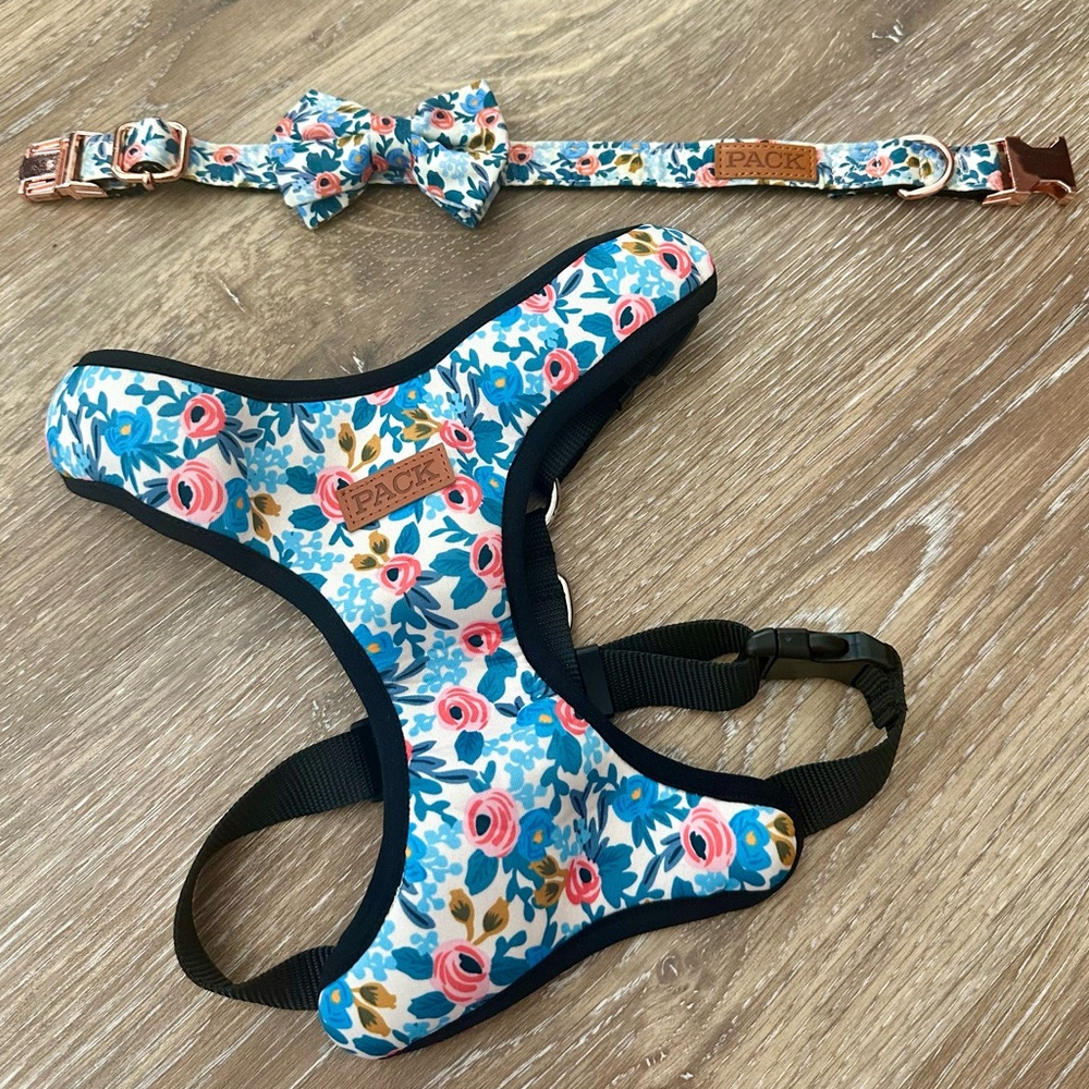 Dog Harness and Collar, Matching Set, Floral and Rose Gold, reversible